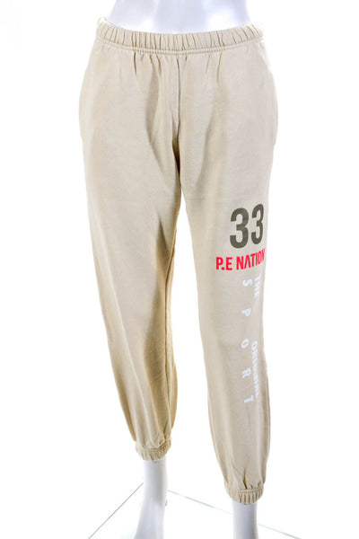 PE Nation Womens Mid Rise Drawstring Logo Print Sweatpants Beige Size XS