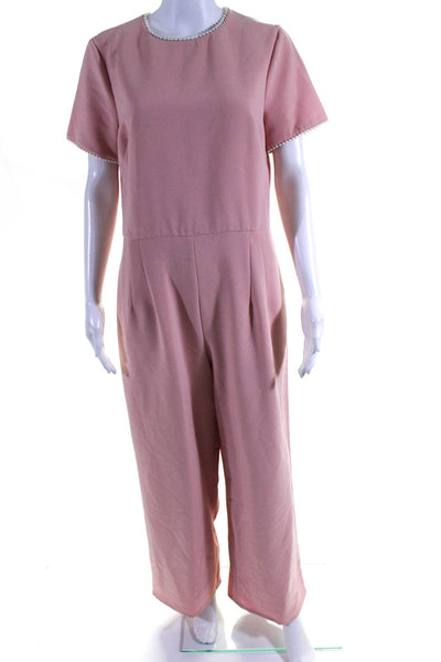 Gal Meets Glam Womens Short Sleeve Pearl Trim Straight Leg Jumpsuit Pink Size 12