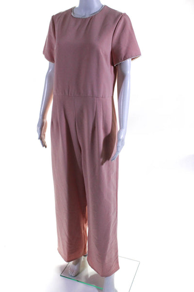 Gal Meets Glam Womens Short Sleeve Pearl Trim Straight Leg Jumpsuit Pink Size 12