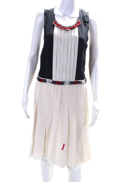 D&G Dolce & Gabbana Womens Beaded Pleated A Line Dress Ivory Navy Size IT 44