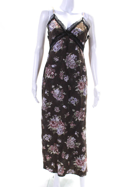 H&M x Brock Collection Womens Lace Trim Floral Midi Slip Dress Brown Size XS