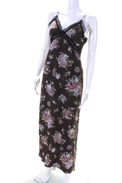 H&M x Brock Collection Womens Lace Trim Floral Midi Slip Dress Brown Size XS