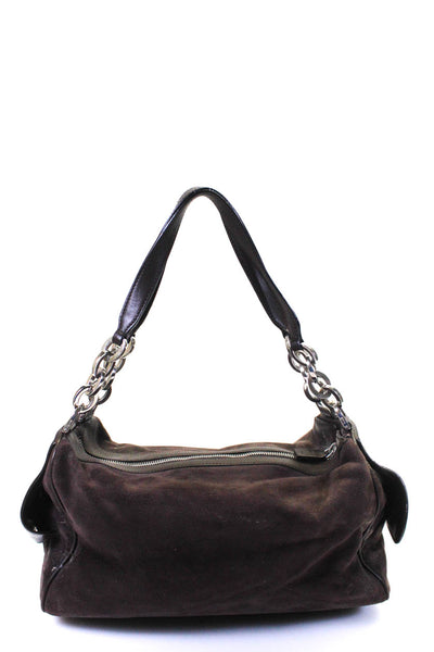 Tods Womens Zip Top Leather Trim Suede Tote Shoulder Bag Handbag Brown