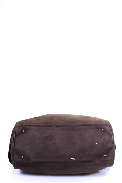 Tods Womens Zip Top Leather Trim Suede Tote Shoulder Bag Handbag Brown