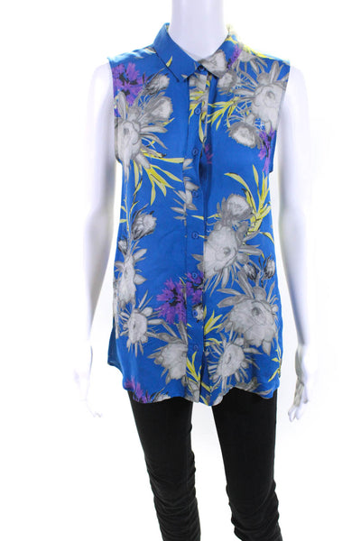 Jeunesse Womens Silk Chiffon Floral Print Collared Button Up Blouse Blue Size S