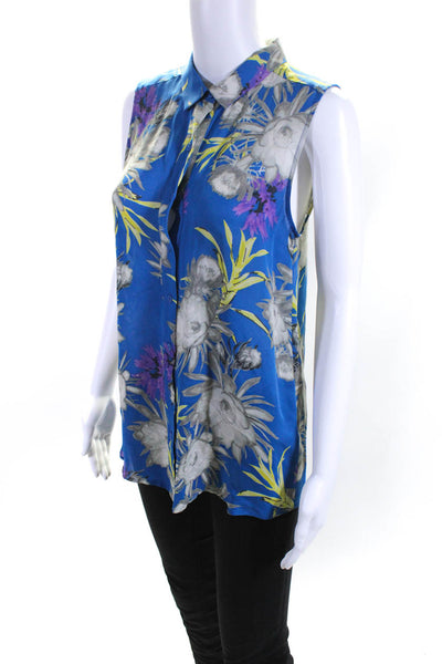 Jeunesse Womens Silk Chiffon Floral Print Collared Button Up Blouse Blue Size S