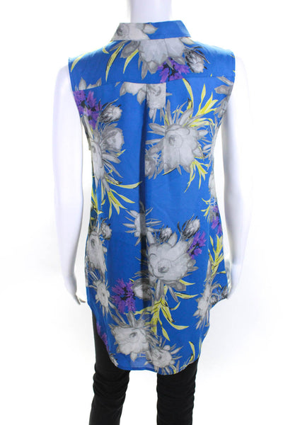 Jeunesse Womens Silk Chiffon Floral Print Collared Button Up Blouse Blue Size S