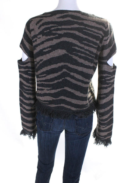 Zoe Jordan Womens Scoop Neck Fringe Cut Out Zebra Print Sweater Brown Gray XS