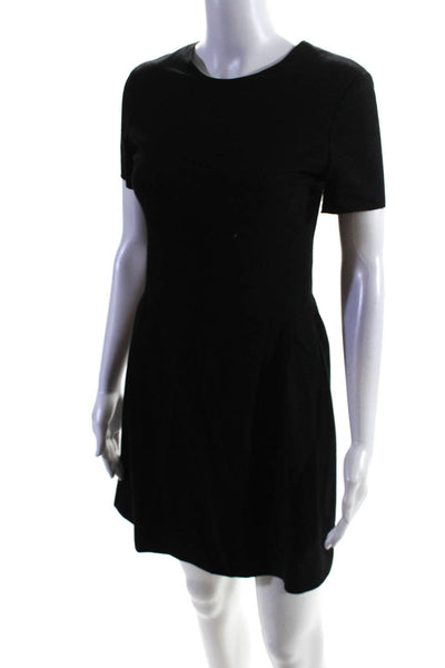 Theory Womens Back Zip Short Sleeve Crew Neck Shift Dress Black Wool Size 0