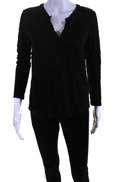 Sandro Paris Womens Linen Long Sleeved Silk Trim V Neck Slim Blouse Black Size 3