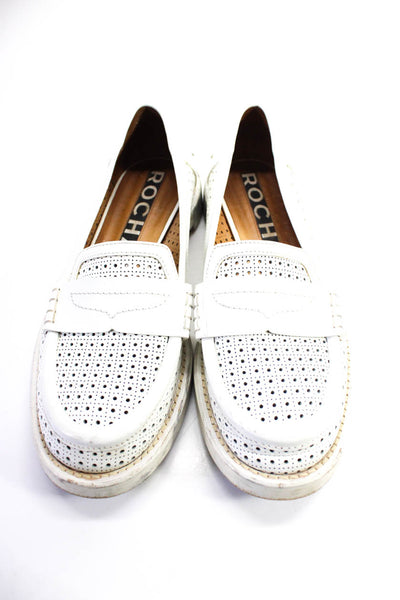 Rochas Womens Leather Cutout Textured Slip-On Flats Loafers White Size 8.5