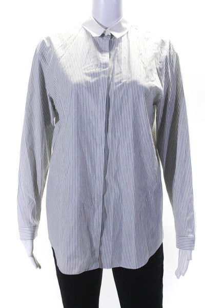 Lafayette 148 New York Womens Striped Collared Long Sleeve Top Gray White Size S