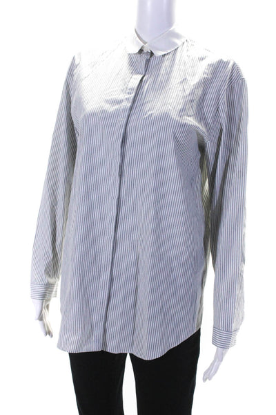 Lafayette 148 New York Womens Striped Collared Long Sleeve Top Gray White Size S