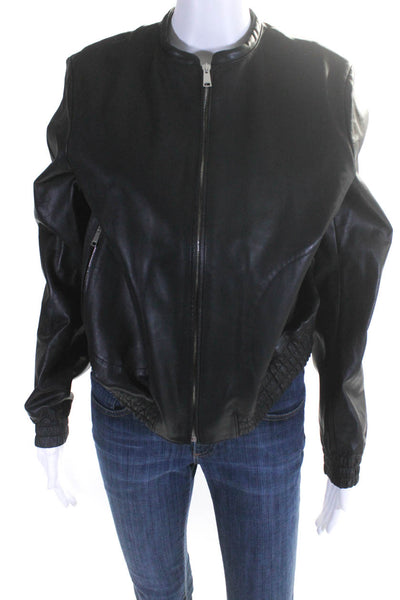 Belstaff Womens Leather Ruched Hem Full Zip Long Sleeve Jacket Black Size 46