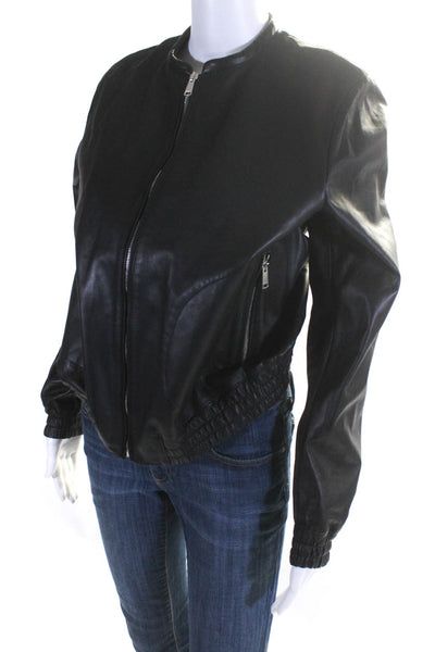 Belstaff Womens Leather Ruched Hem Full Zip Long Sleeve Jacket Black Size 46