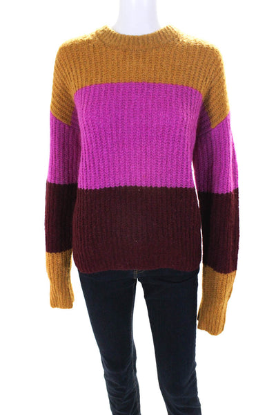 ALC Womens Knit Tri Color Crew Neck Long Sleeve Pull On Sweater Burgundy Size M
