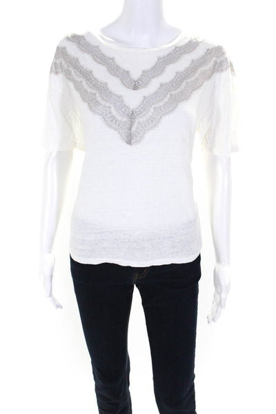 Sandro Womens Linen Jersey Lace Applique Short Sleeve Blouse Top White Size 2