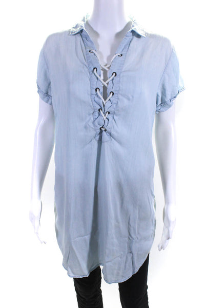 Rails Women's Collar Short Sleeves Lace Up Chambray Blouse Blue Size S