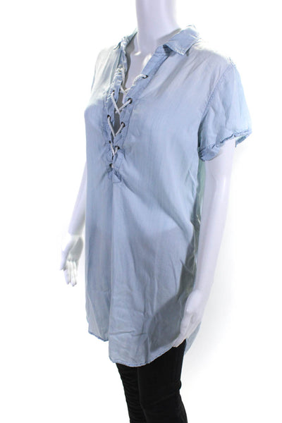 Rails Women's Collar Short Sleeves Lace Up Chambray Blouse Blue Size S