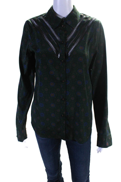 Veronica Beard Womens Silk Geometric Print Button Down Blouse Top Green Size 2