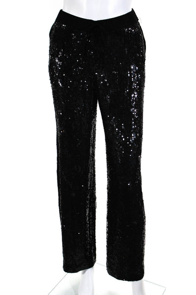 Parosh Womens Embroidered Sequin Textured Drawstring Straight Pants Black Size S