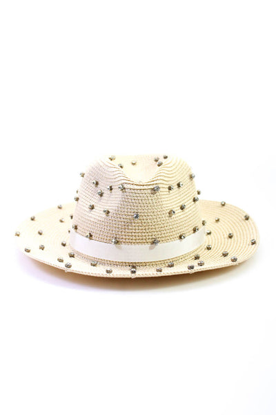 Bits and Pieces To Go Womens Studded Straw Textured Fedora Hat Beige Size OS