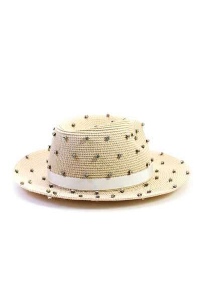 Bits and Pieces To Go Womens Studded Straw Textured Fedora Hat Beige Size OS