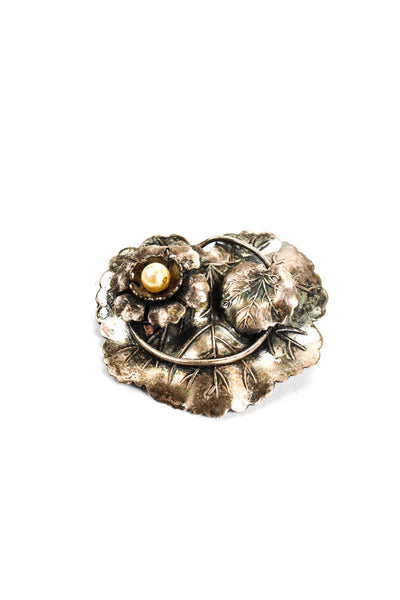 Designer Womens Victorian Sterling Silver Pearl Flower Engraved Leaf Brooch Pin