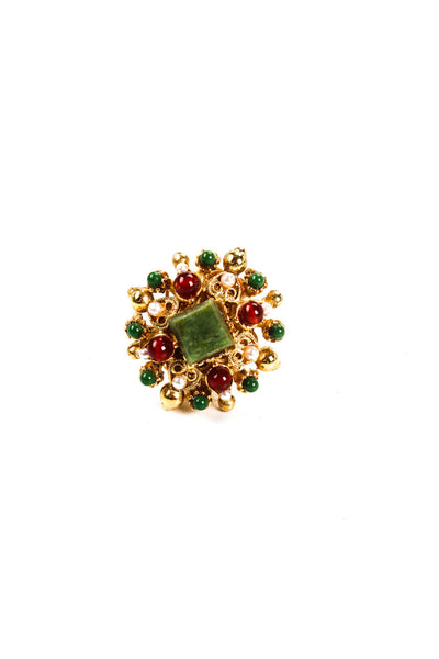 Barrera Vintage Jade Faux Pearl Rhinestone Clip On Earrings Red Green Gold Tone