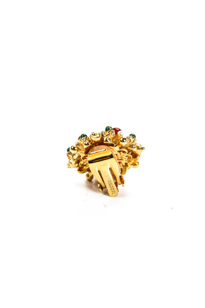 Barrera Vintage Jade Faux Pearl Rhinestone Clip On Earrings Red Green Gold Tone