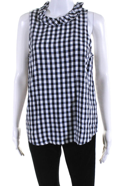 J Crew Womens Gingham Print Ruffled Neck Sleeveless Blouse Black White Size S