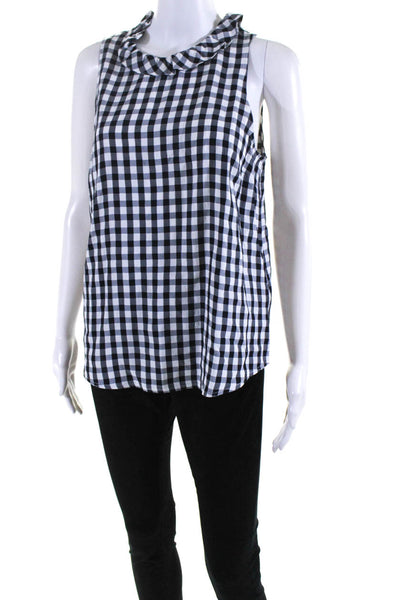 J Crew Womens Gingham Print Ruffled Neck Sleeveless Blouse Black White Size S