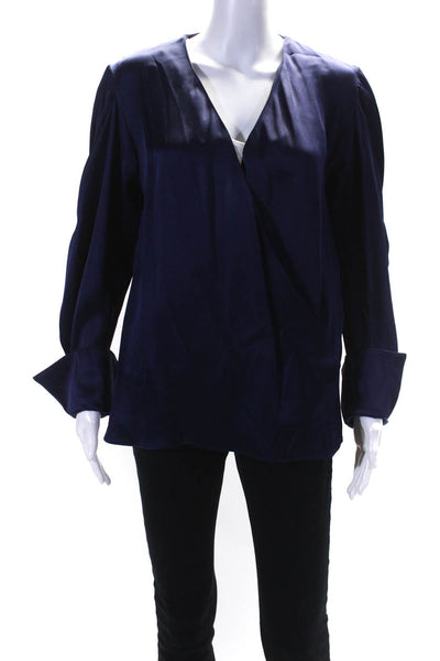 Amanda Wakeley Womens Long Sleeve Faux Wrap V Neck Satin Shirt Navy Blue Size 6