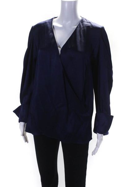 Amanda Wakeley Womens Long Sleeve Faux Wrap V Neck Satin Shirt Navy Blue Size 6