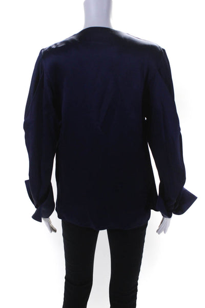 Amanda Wakeley Womens Long Sleeve Faux Wrap V Neck Satin Shirt Navy Blue Size 6