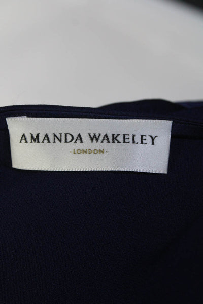 Amanda Wakeley Womens Long Sleeve Faux Wrap V Neck Satin Shirt Navy Blue Size 6