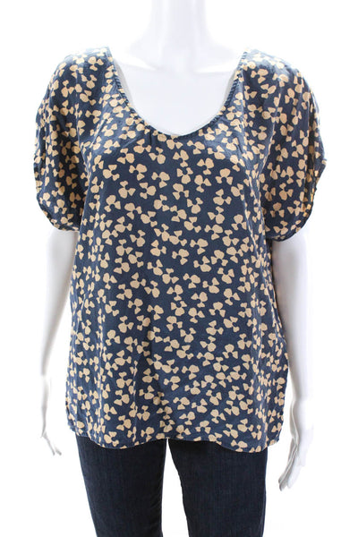 Joie Womens Silk Floral Round Neck Short Sleeve Pullover Blouse Blue Size M