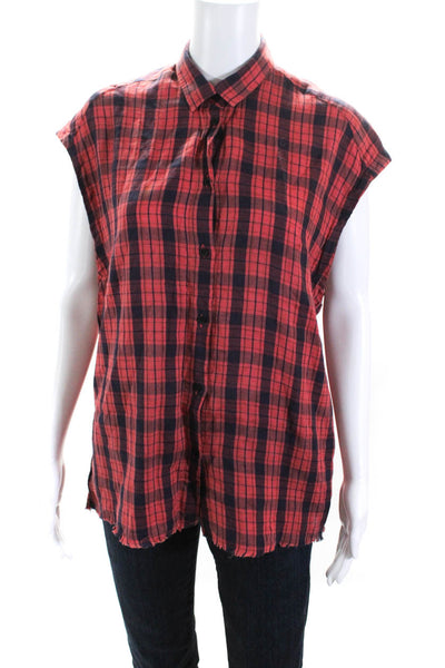IRO Jeans Womens Cotton Plaid Buttoned-Up Collared Sleeveless Top Red Size S