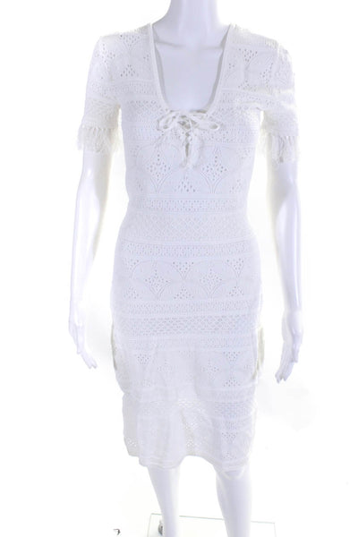 ALC Women's Broderie Short Sleeve Lace Up Midi Dress White Size S
