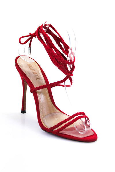 Schutz Womens Stiletto Braided Strappy Sandals Red Suede Size 6.5B