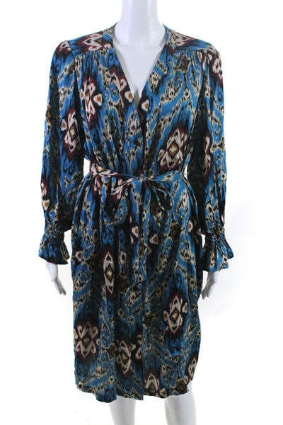 Finley Womens V-Neck Abstract Print Button-Up Knee Length Dress Blue Size L