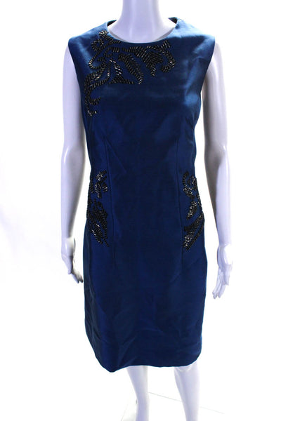 Lela Rose Womens Wool Embroidered Sequin Beaded Zipped Darted Dress Blue Size 14