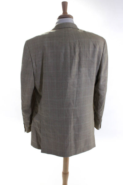 Michael Michael Kors Mens Silk Plaid Three Button Blazer Beige Size 44 Long