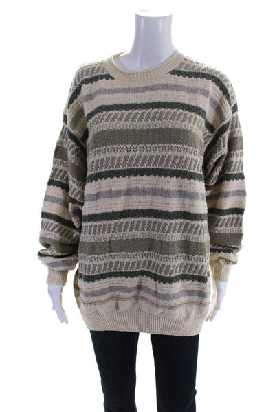 Ermenegildo Zegna Womens Stripe Crew Neck Long Sleeve Sweater Cream Green Size L