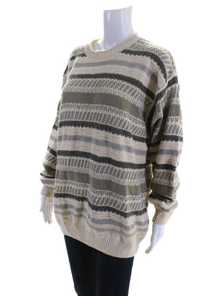 Ermenegildo Zegna Womens Stripe Crew Neck Long Sleeve Sweater Cream Green Size L