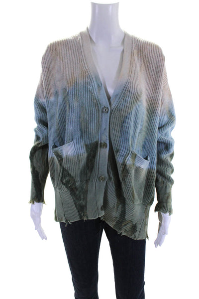 YFB Womens Abstract Ombre Knit V Neck Cardigan Sweater Blue Green Beige Size M/L