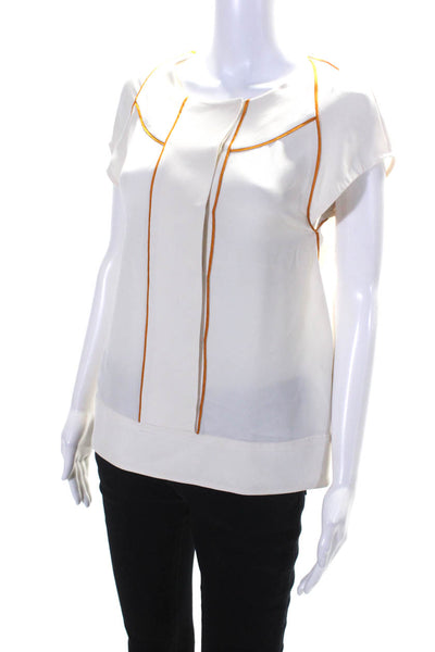 Maiyet Womens Satin Piping Cap Sleeve Crew Neck Top Blouse Ivory Orange IT 36