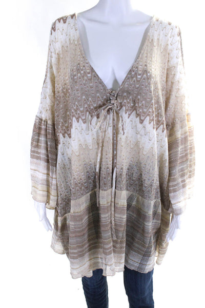 Pho Womens Metallic Knit Lace Up V Neck Bat Wing Tunic Blouse Brown One Size
