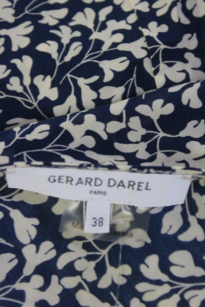 Gerard Darel Women Short Sleeve Floral Satin Wrap Dress Navy Blue Ivory FR 38