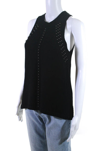 Ramy Brook Womens Merino Wool Studded Ribbed Sleeveless Knit Top Black Size XS